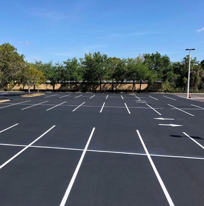 Brand new parking lot layout with fresh white striping